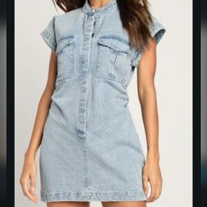 Lulu's Blue Mini Dress with Cuffed Sleeves and Mandarin Collar